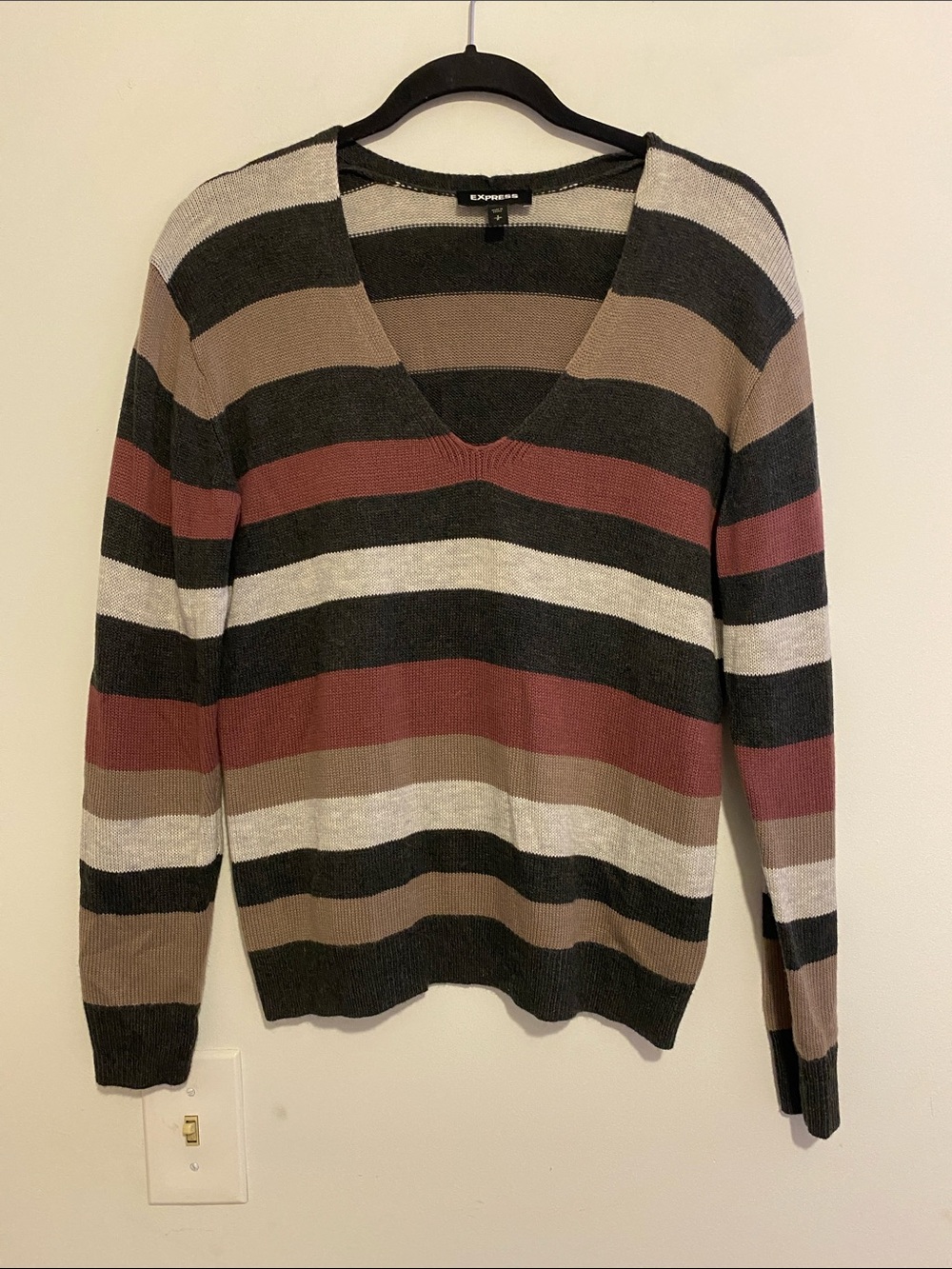 Express Striped V-Neck Sweater in Black, Cream, Brown, Rust